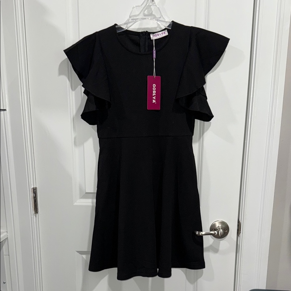 Black A-line Cocktail Dress with Flutter Cap Sleeves
